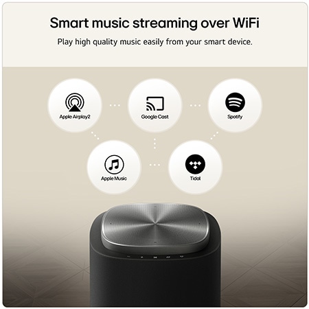 LG Stereo 7 wireless speaker with Wi-Fi connectivity, enabling high-quality music streaming from Apple AirPlay 2, Google Cast, Spotify, Apple Music and TIDAL